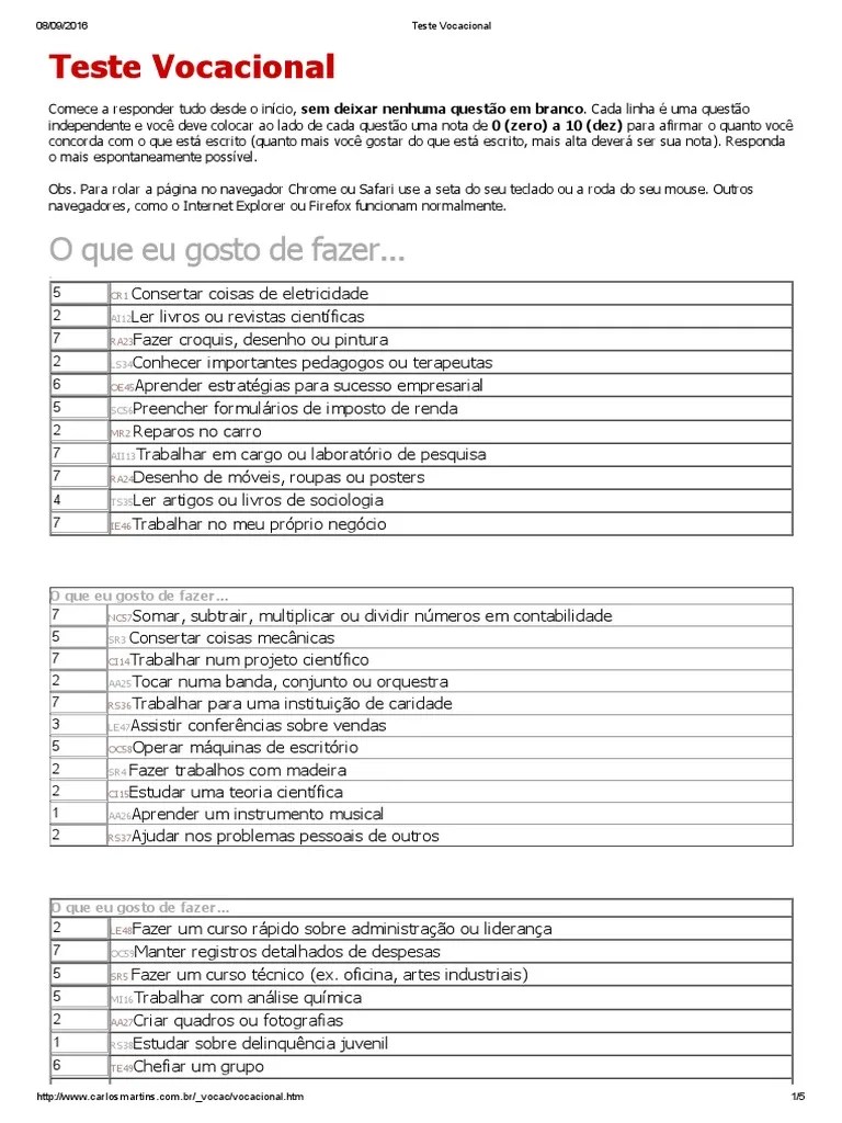 Teste Vocacional Ciência Física e matemática