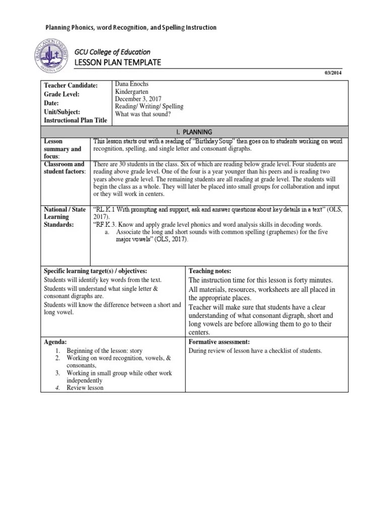 Lesson Plan Template GCU College of Education PDF Phonics Educational Assessment