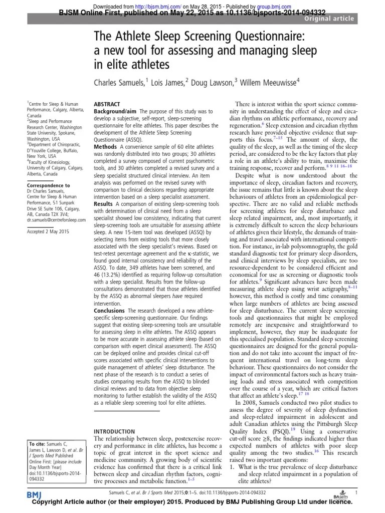 The Athlete Sleep Screening Questionnaire A New Tool For Assessing and