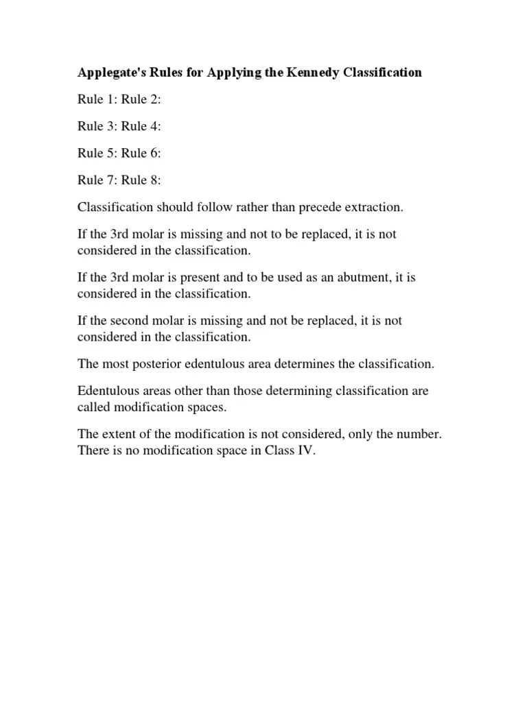 Applegate's Rules For Applying The Kennedy Classification PDF Mouth Dentistry Branches