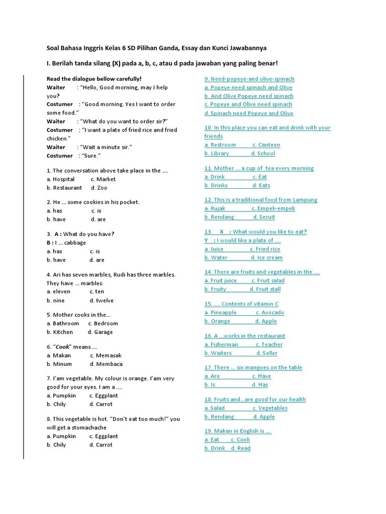 Soal Bahasa Inggris Kelas 6 SD Pilihan Ganda Cuisine Food And Drink