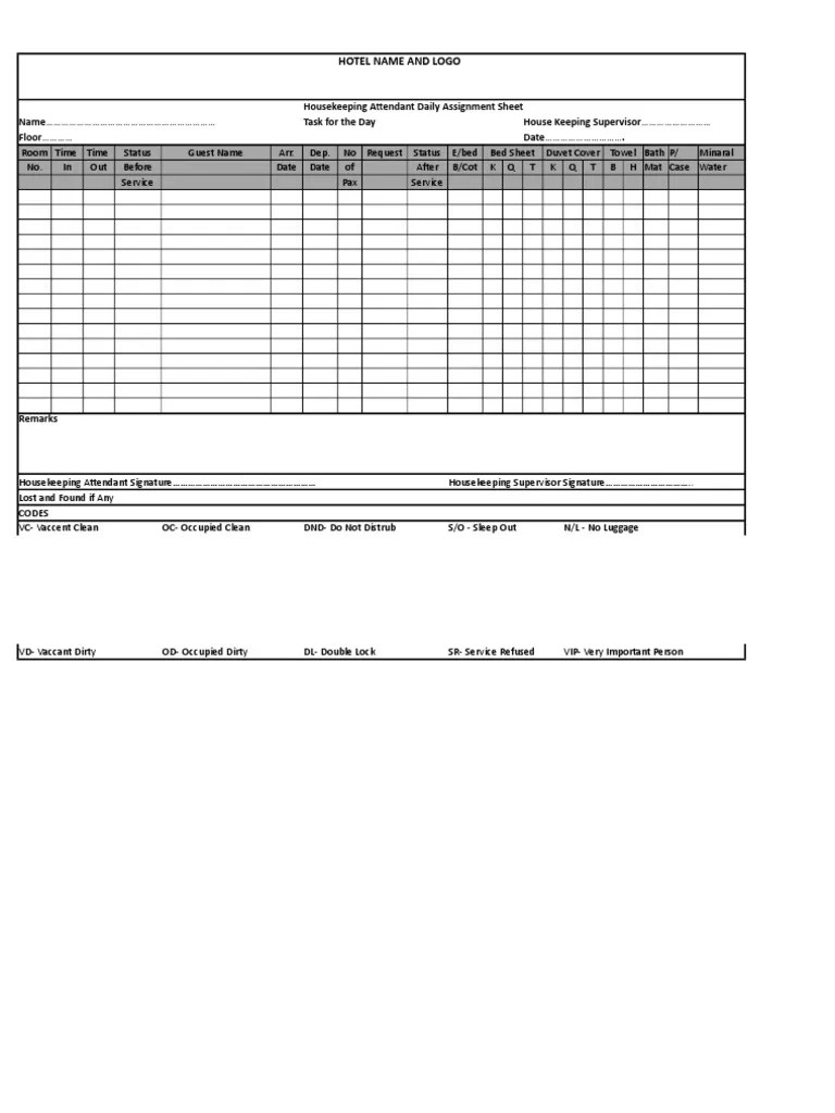 Housekeeping Attendant Daily Assignment Sheet PDF