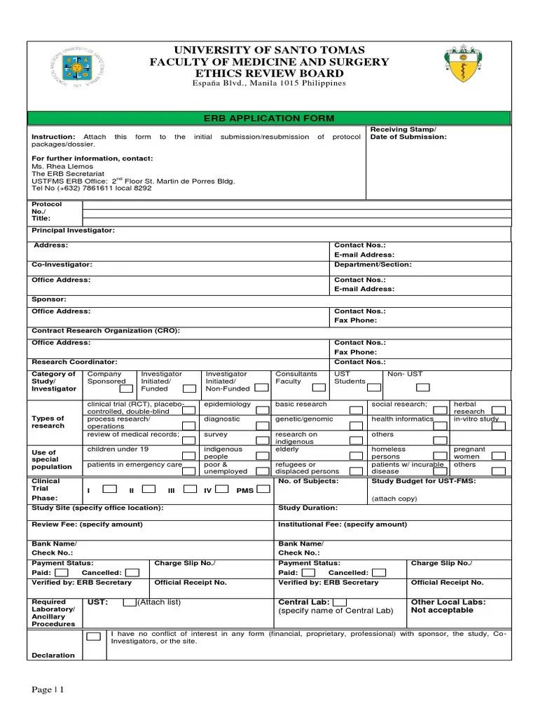 01. USTFMS ERB F01 Application Form Clinical Trial Health Care