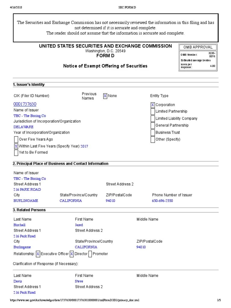 SEC FORM D Securities (Finance) U.S. Securities And Exchange Commission