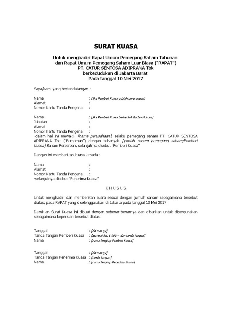 Contoh Surat Kuasa Pemegang Saham