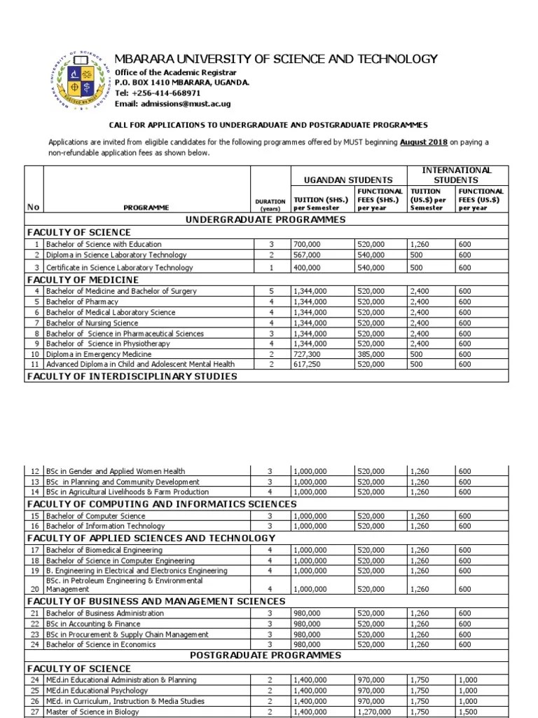 Mbarara University of Science and Technology Fees Structure For