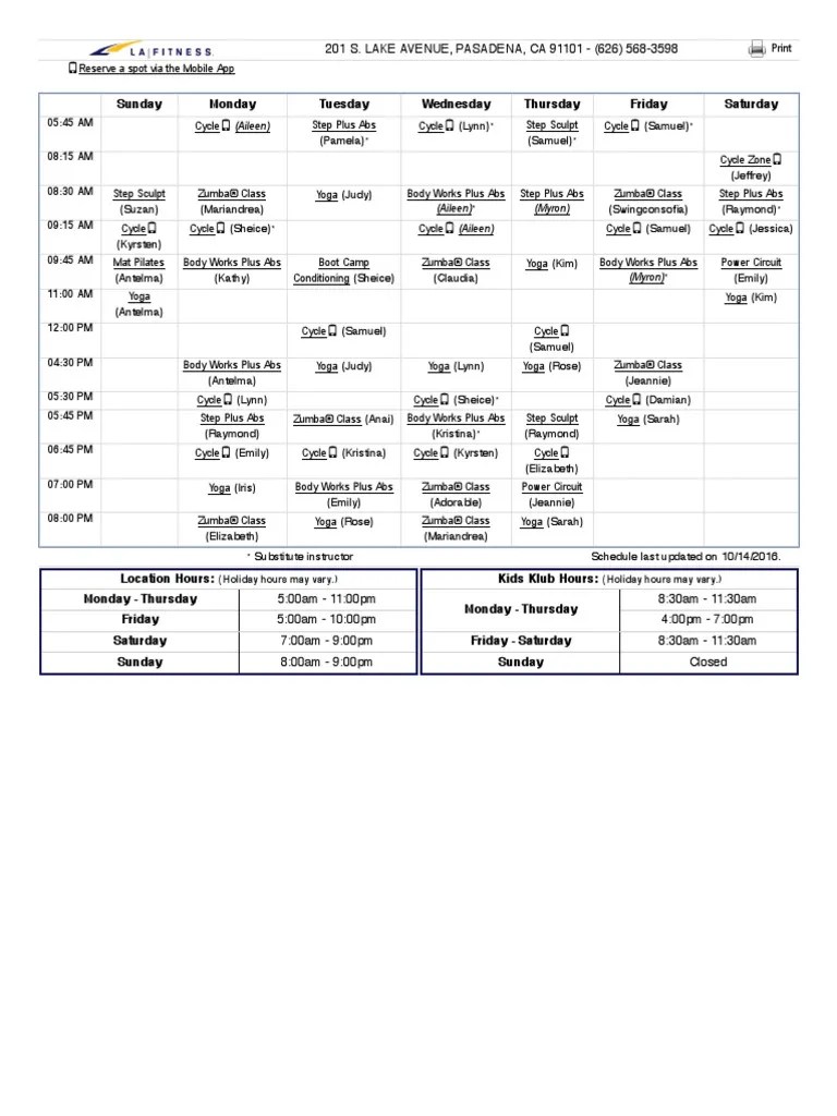 La Fitness Class Schedule (Print Version) Pasadena Lake Ave