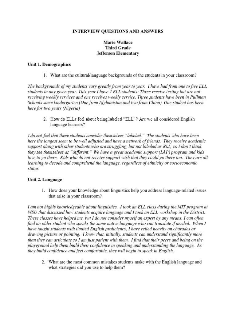 Interview Questions And Answers Marie Wallace Third Grade Jefferson