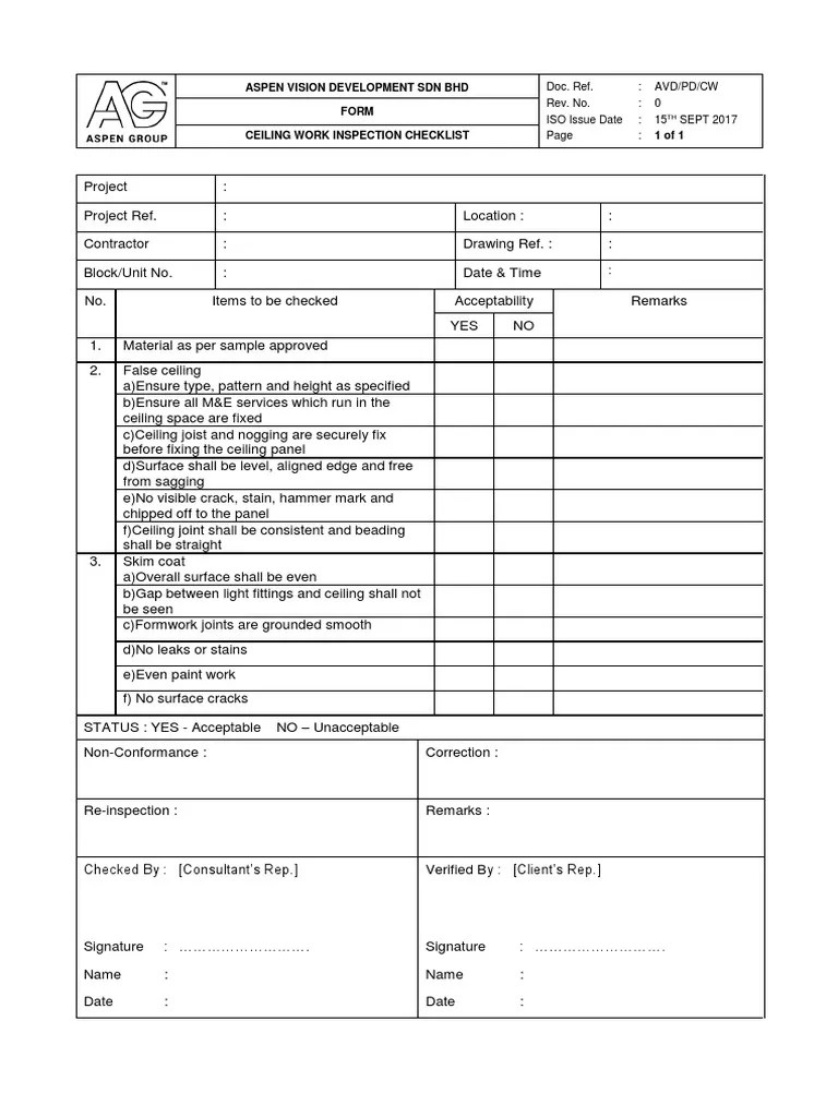Ceiling Works Inspection Checklist PDF