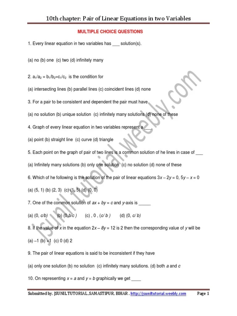10th Linear Equations in Two Variables MCQ PDF Line (Geometry