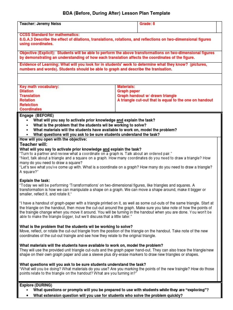 BDA (Before, During After) Lesson Plan Template Download Free PDF Shape Equations