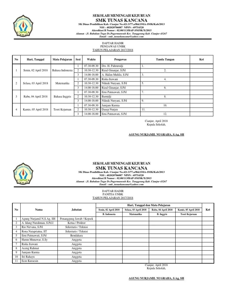 Daftar Hadir Pengawas Unbk