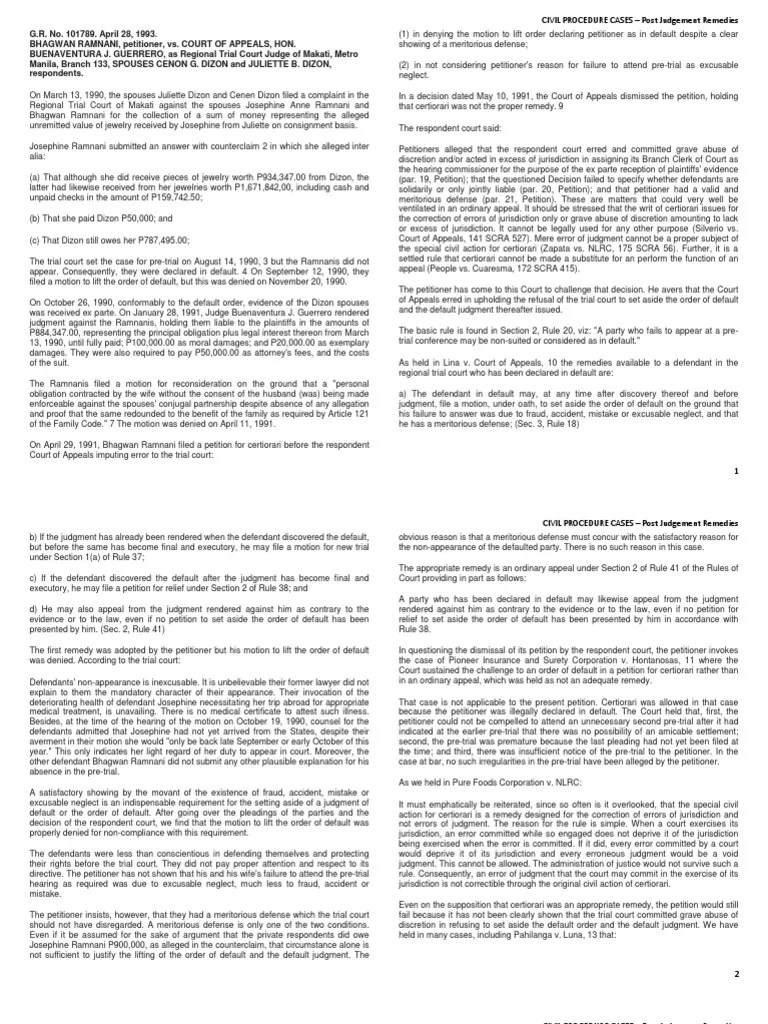 Civil Procedure Cases Post Judgement Remedies PDF Judgment (Law