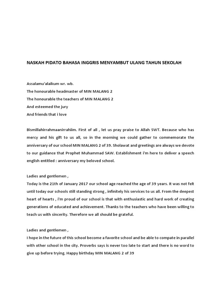 Naskah Pidato Bahasa Inggris Menyambut Ulang Tahun Sekolah | PDF
