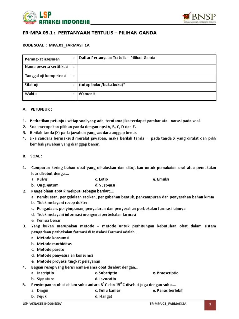 Soal ukk ilmu resep kelas x smk farmasi. Fr Mpa 03 Far 1a Pdf