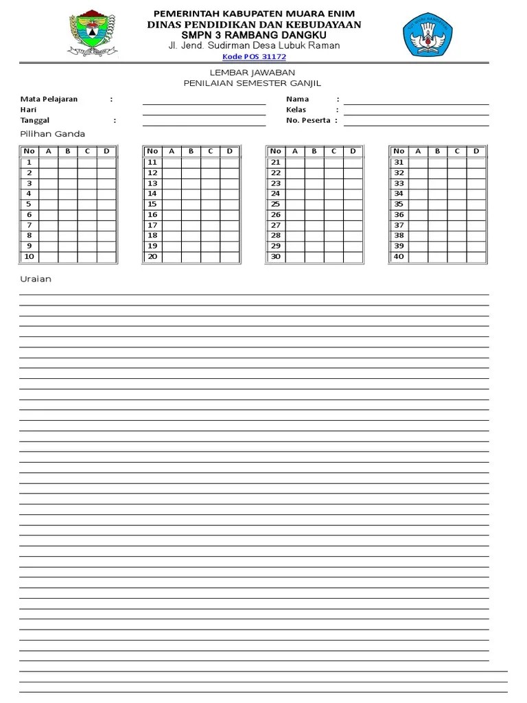 Lembar Jawaban 40 Soal PG Dan Uraian | PDF