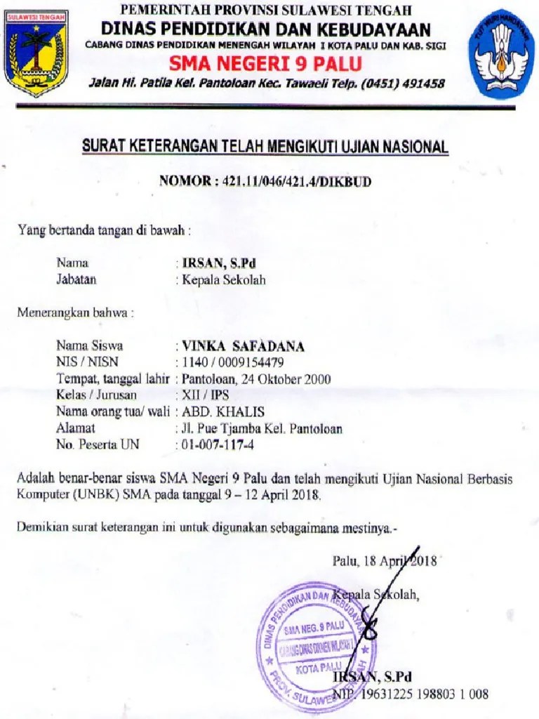 14 Contoh Surat Keterangan Telah Mengikuti Ujian Nasional