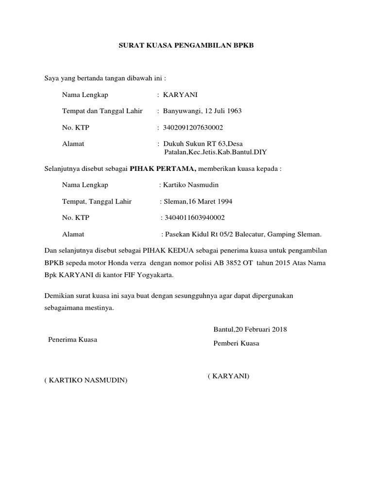 Contoh Surat Kuasa Pengambilan Bpkb Di Adira Finance / Get