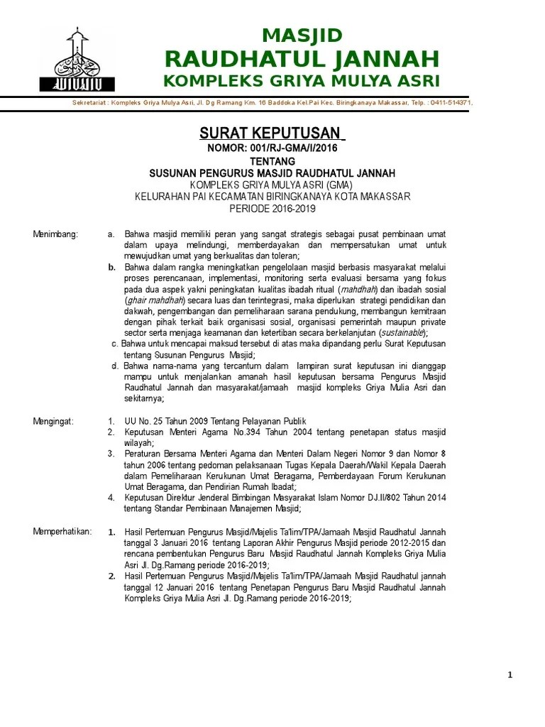 Fotokopi surat kontrak/sewa kantor atau bukti kepemilikan tempat usaha. Sk Pengurus Takmir Masjid 2016-2019