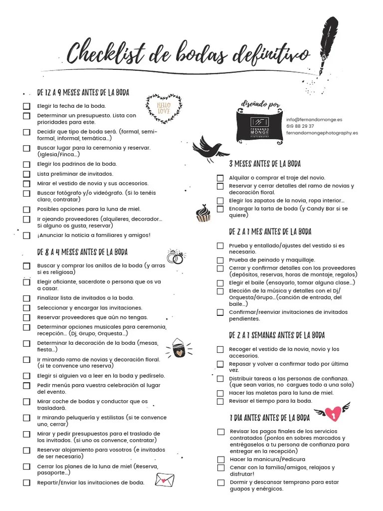 Checklist de Bodas Definitivo Impresion Boda Matrimonio Prueba