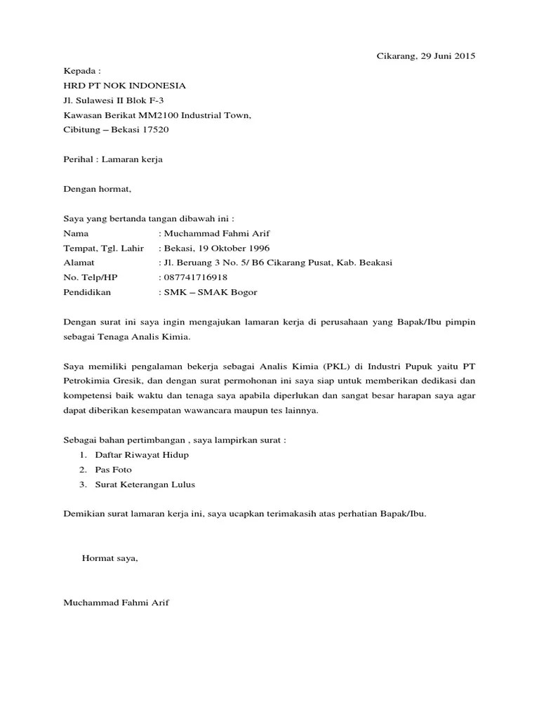 Contoh Surat Lamaran Kerja Pt Nok Indonesia Kumpulan Kerjaan