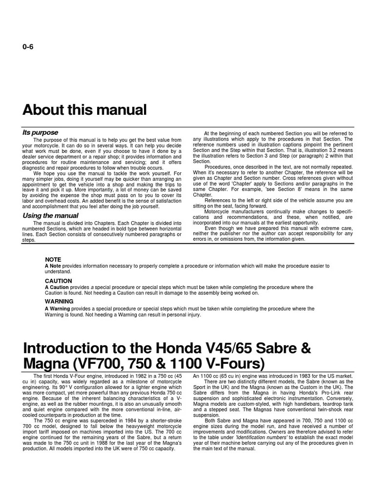 Honda VF1100 Magna V65 Service Manual 1983-1986