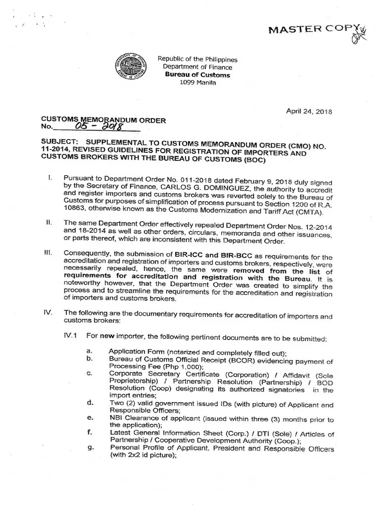 Bureau of Customs CMO 52018 Accreditation Requirements For PH