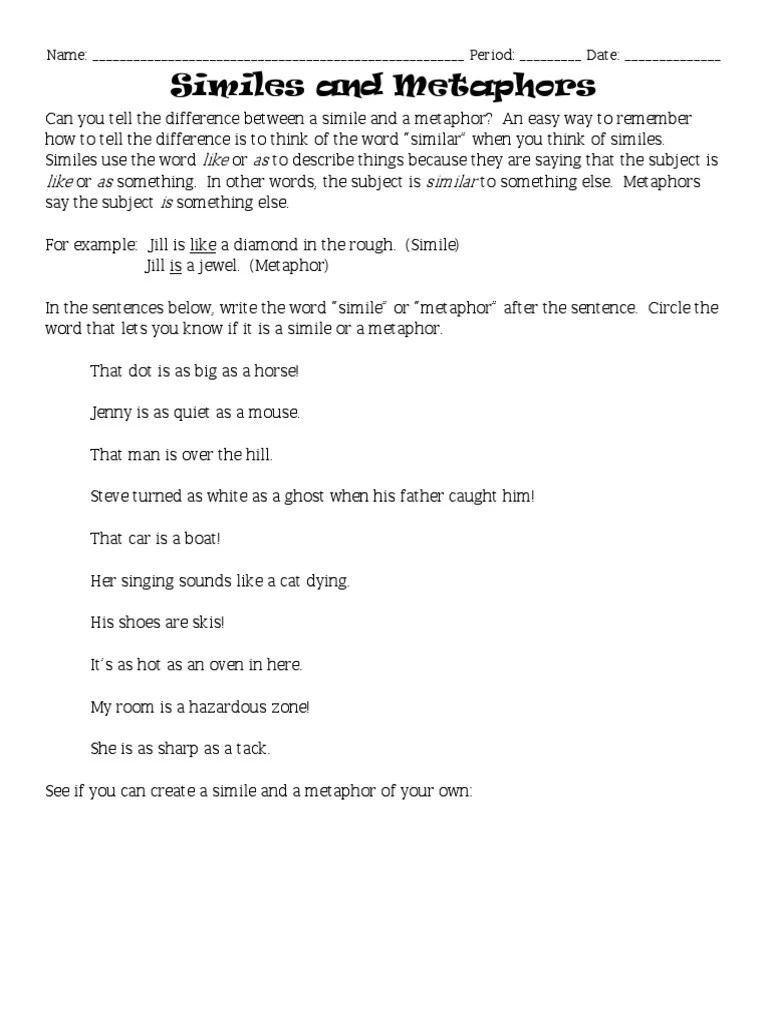 Simile and Metaphor Worksheet PDF PDF Metaphor