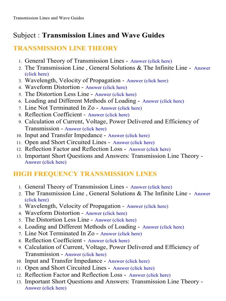 Transmission Lines and Wave Guides Lecture Notes, Study Material and
