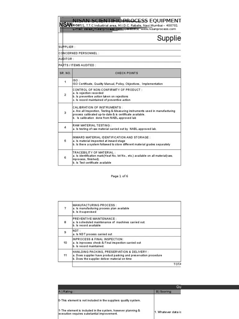 Supplier Audit Checklist Audit Calibration
