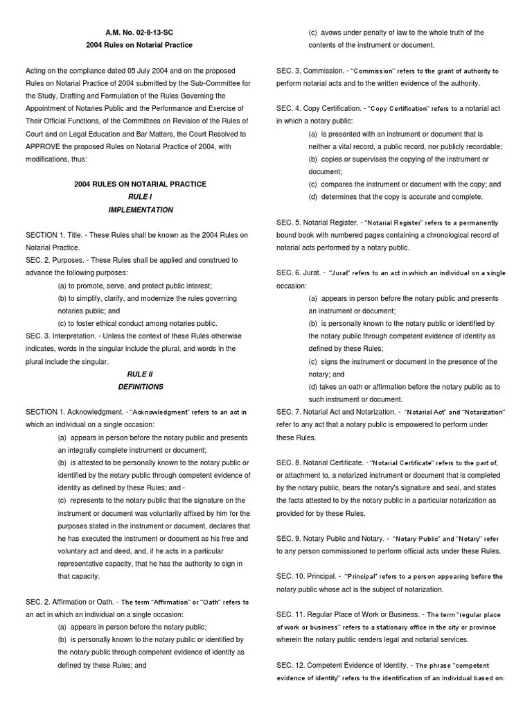 A.M. No. 02813SC 2004 Rules On Notarial Practice Rule I