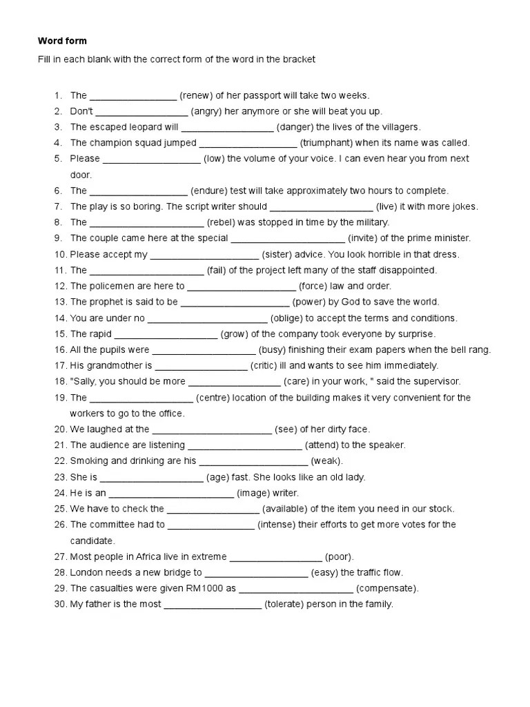 Fill in Each Blank With the Correct Form of the Word in the Bracket