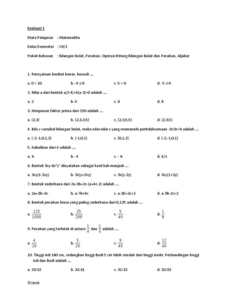 Soal Matematika SMP Kelas 1