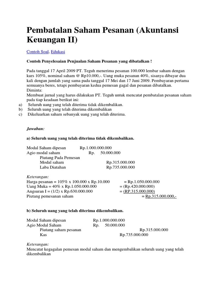 Contoh Soal Modal Saham Dan Jawabannya Berbagai Contoh