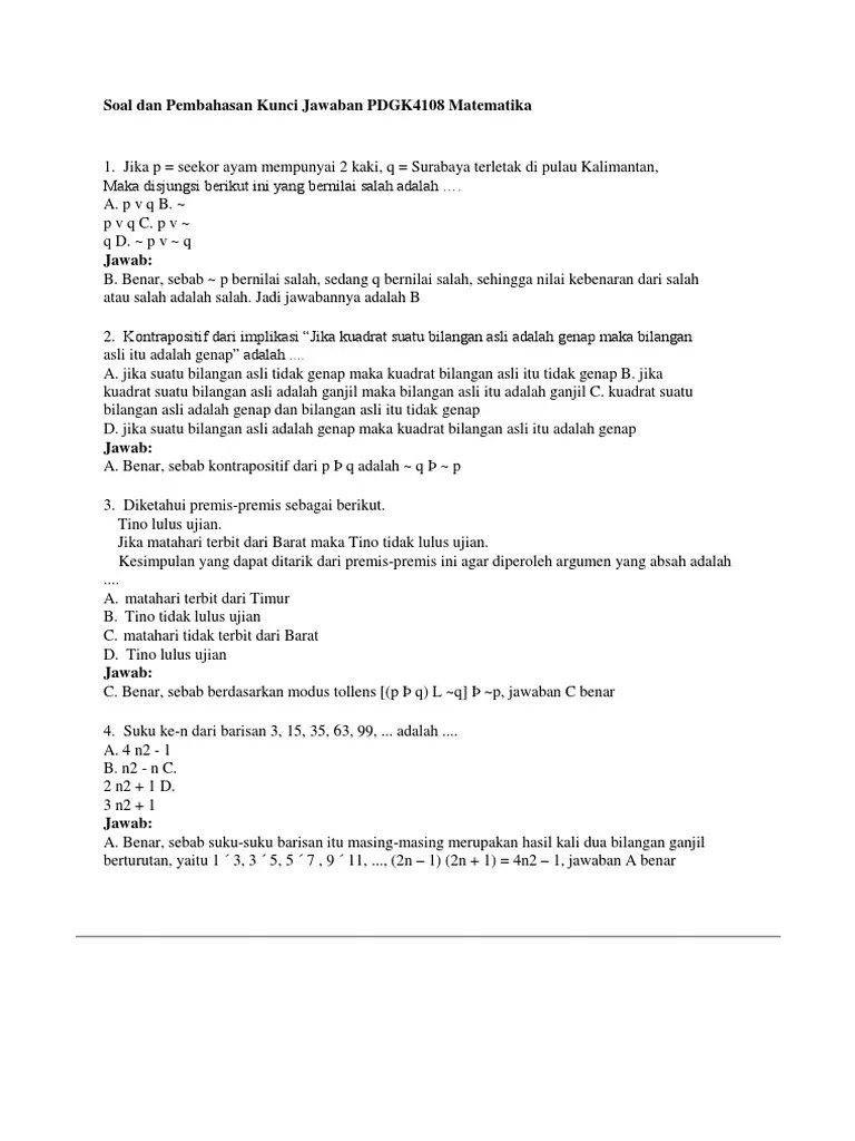 Soal Dan Pembahasan Kunci Jawaban PDGK4108 Matematika | PDF