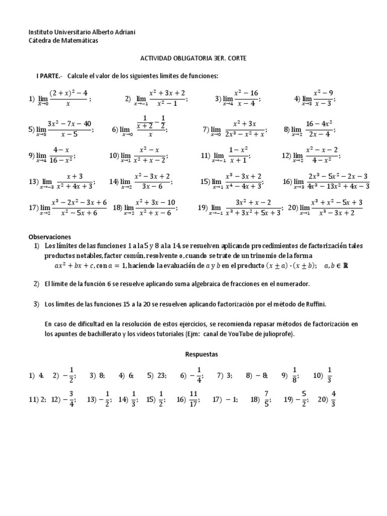 Ejercicios Con Respuesta Límites y Derivadas Factorización Derivado