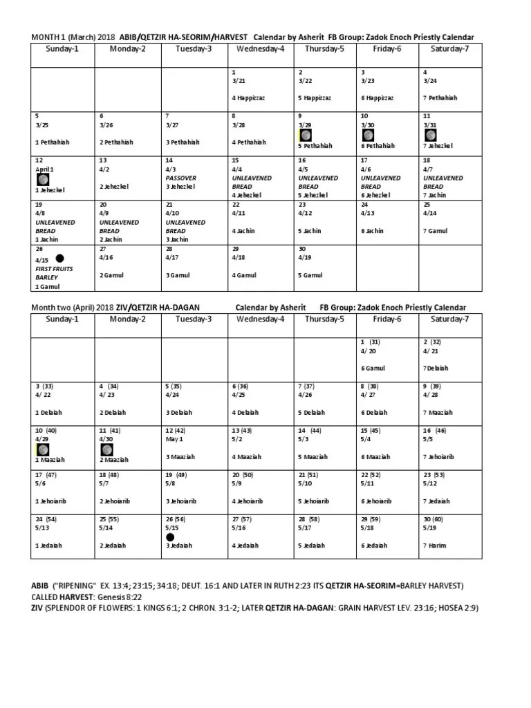 2018 Zadok Priestly Calendar PDF Hebrew Calendar Jewish Law And Rituals
