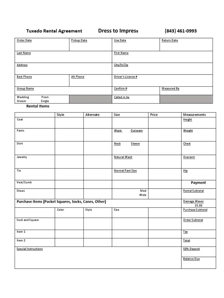 tuxedo rental agreement Fee Clothing