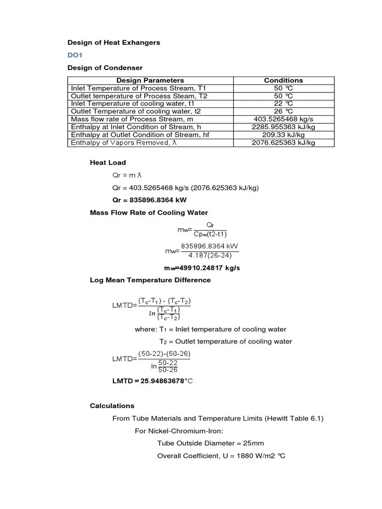 Condenser Calculations Heat Exchanger Enthalpy