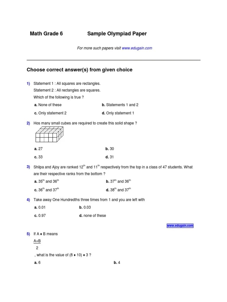 Math Olympiad Class 6 Sample Paper PDF Teaching Mathematics