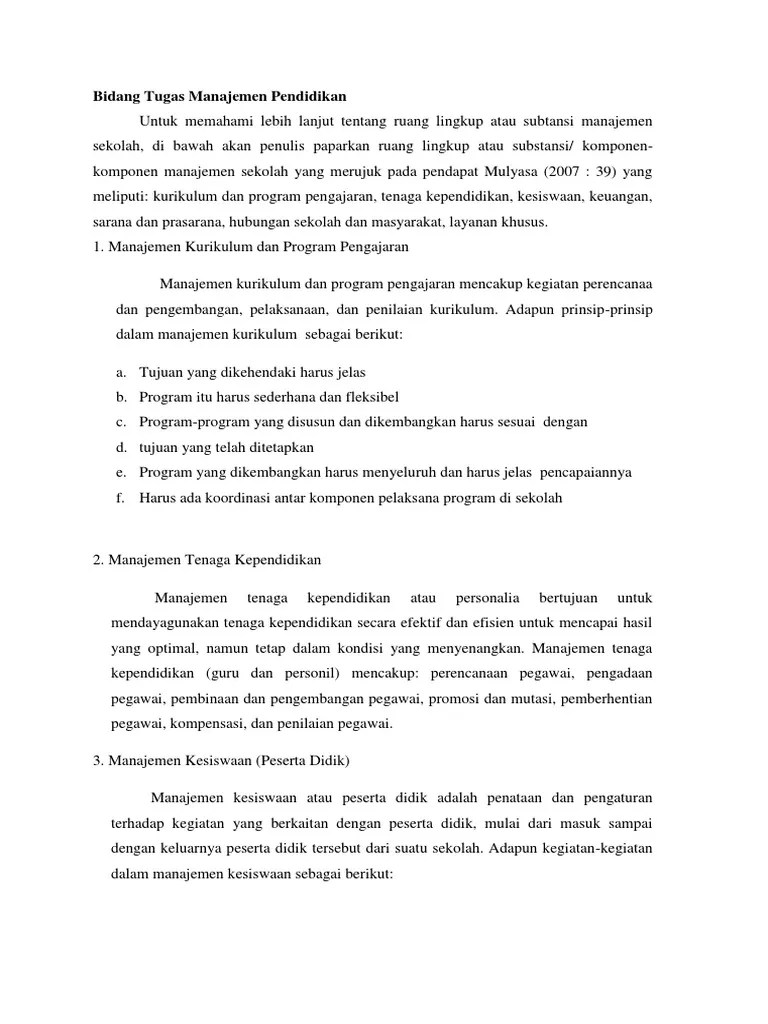 Bidang Tugas Manajemen Pendidikan