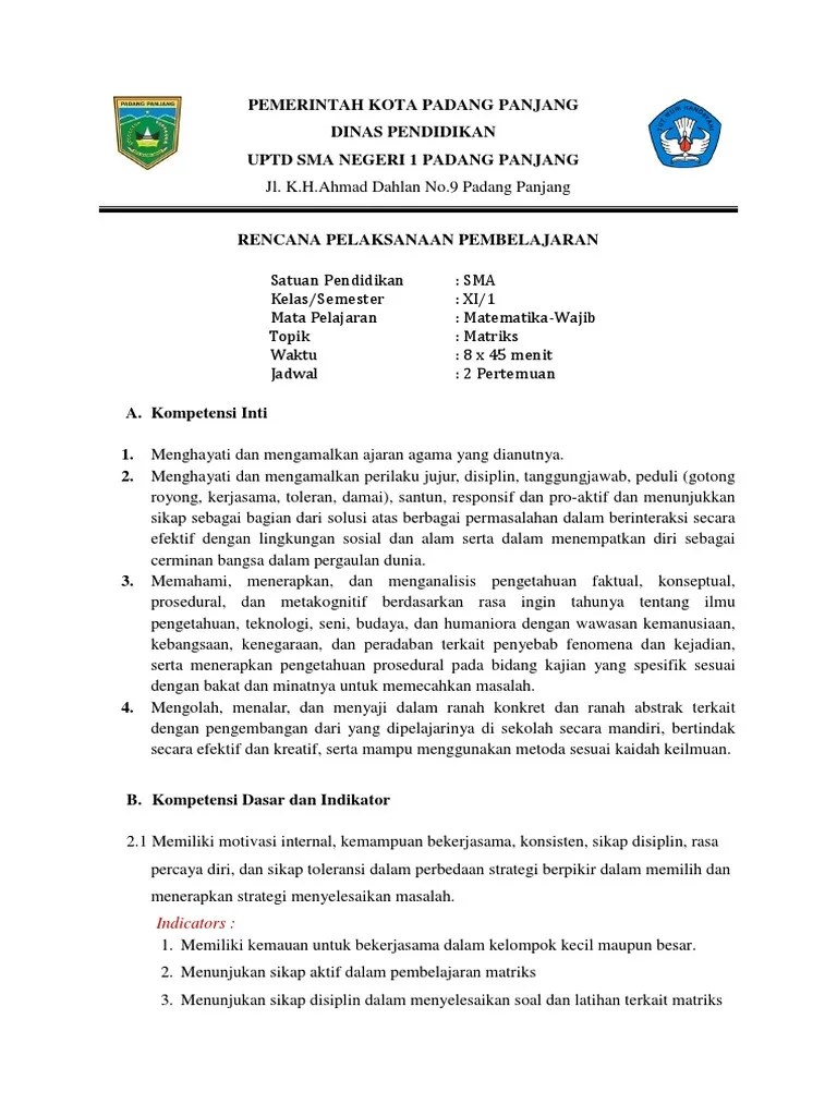 RPP Matematika Wajib kelas XI Kurikulum 2013 Matriks