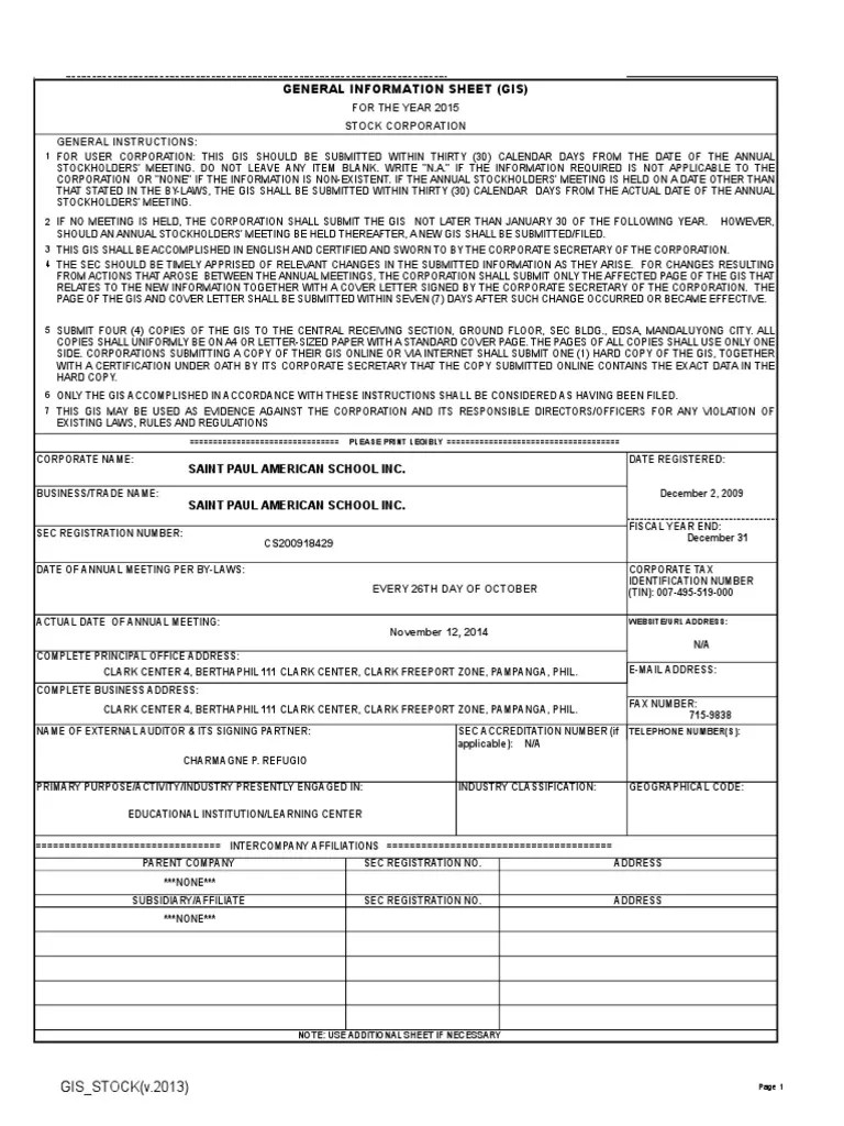 General Information Sheet (Gis): Stock Corporation General Instructions