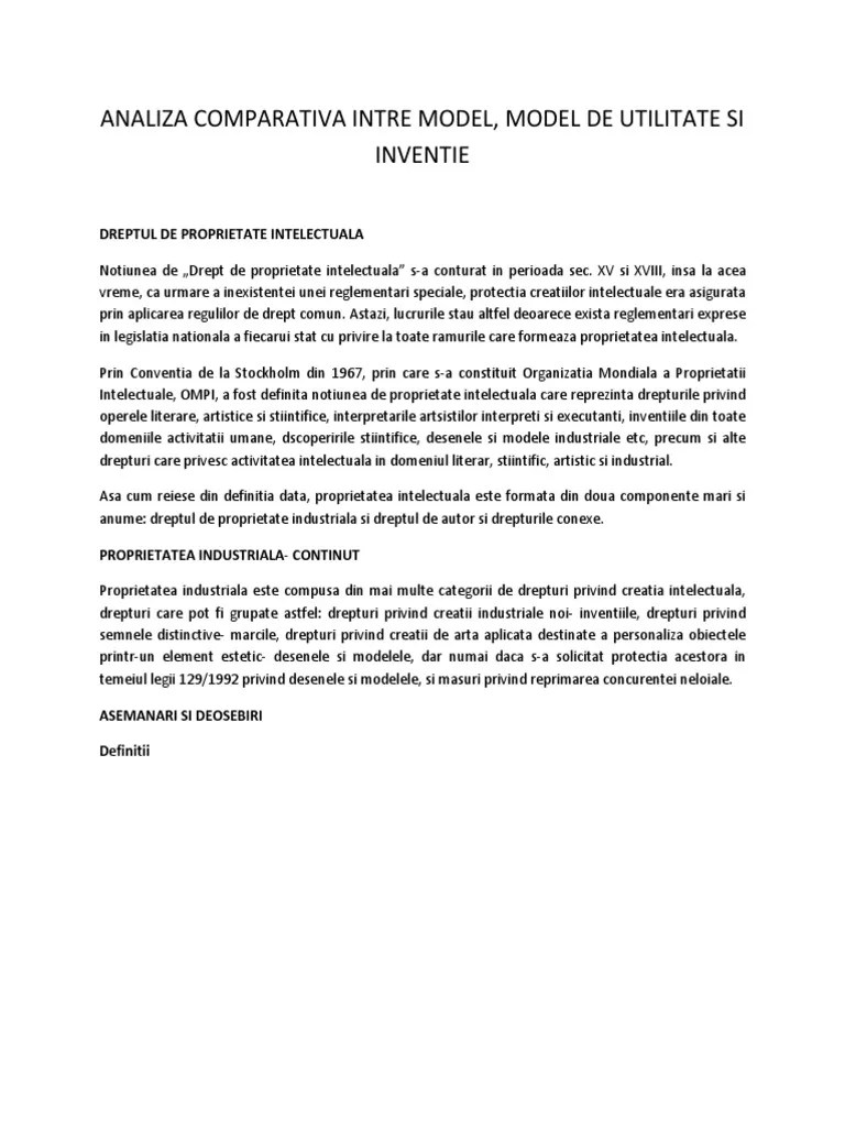 .sau întreprindere (cesionar) dreptul de proprietate asupra invenţiei protejate de brevet; Analiza Comparativa Intre Model