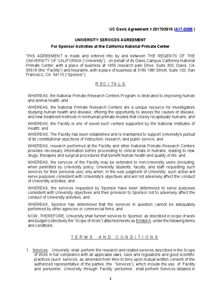 Neuralink UC Davis Primate Center Services Agreement PDF