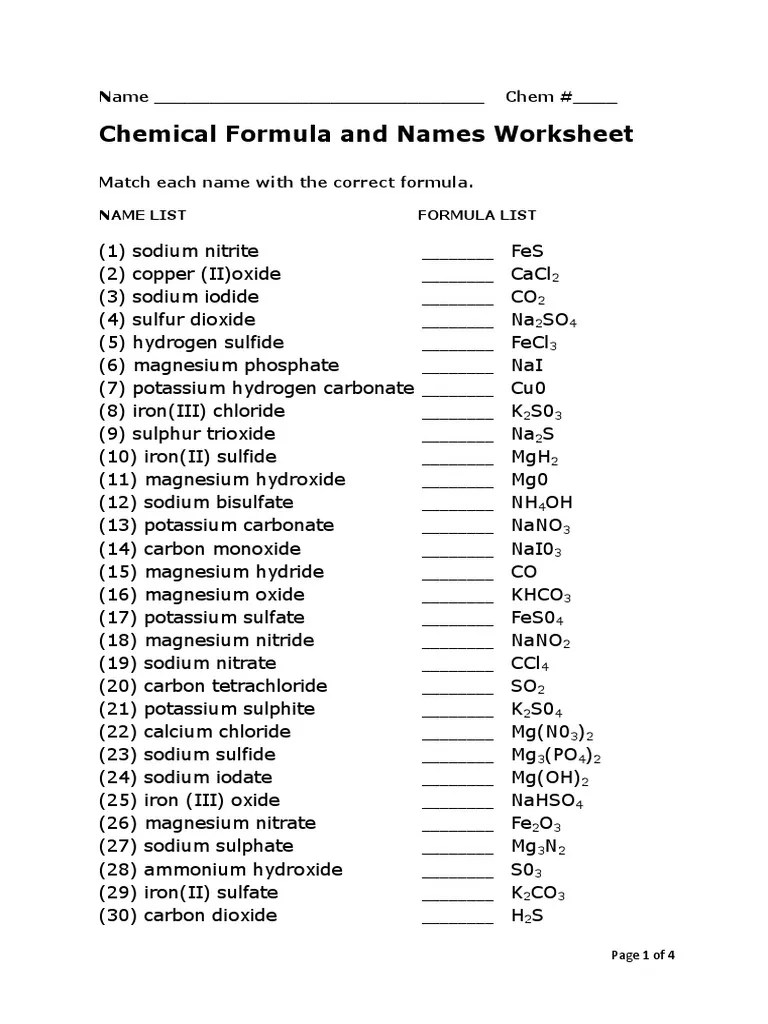 Chemical Formula and Names Worksheet | PDF | Oxide | Sodium