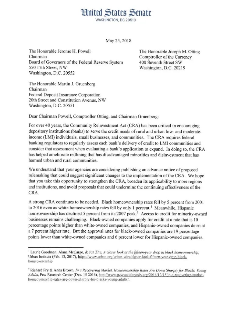05.25.18 Warner Letter Urging Bank Regulators to Strengthen Credit