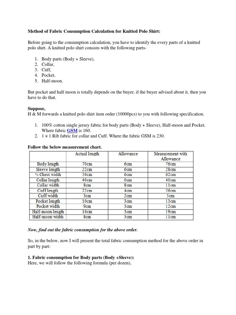 Method of Fabric Consumption Calculation For Knitted Polo Shirt PDF