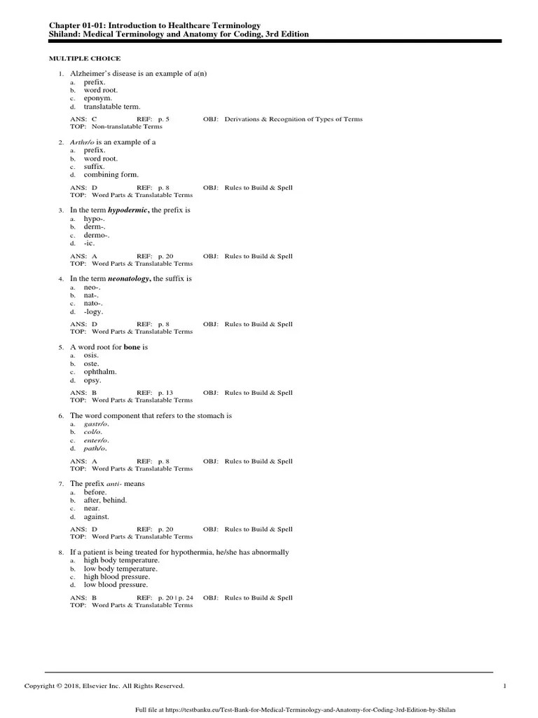 Test Bank for Medical Terminology and Anatomy for Coding 3rd Edition by