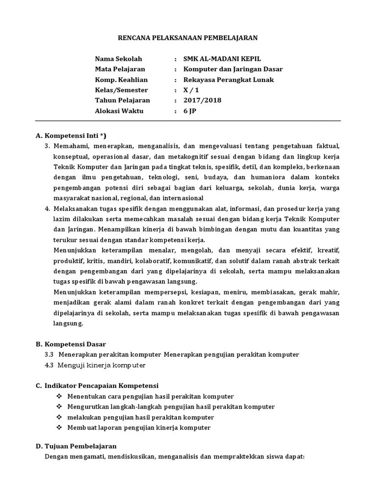 RPP Komputer Dan Jaringan Kelas X SMK KD 3.3 - Pengujian Komputer | PDF
